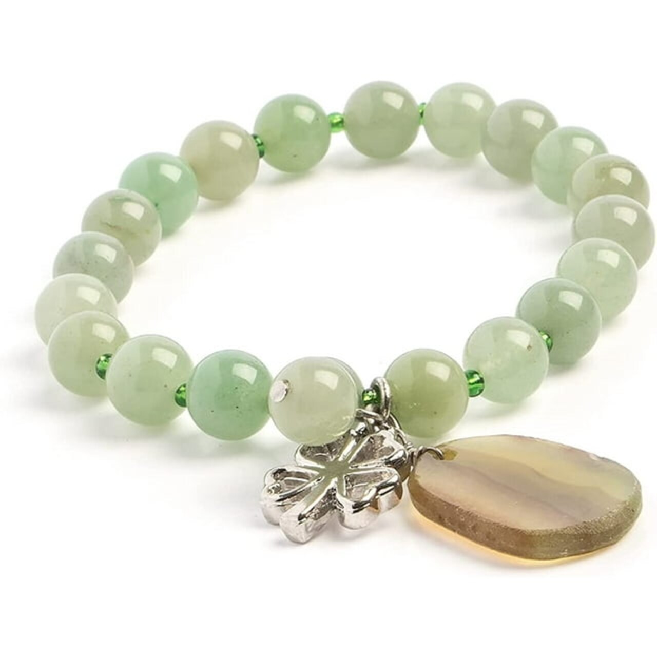 Earth's Jewels Semi-Precious Aventurine Natural Green Gemstone Bracelet, Agate & Clover Charm